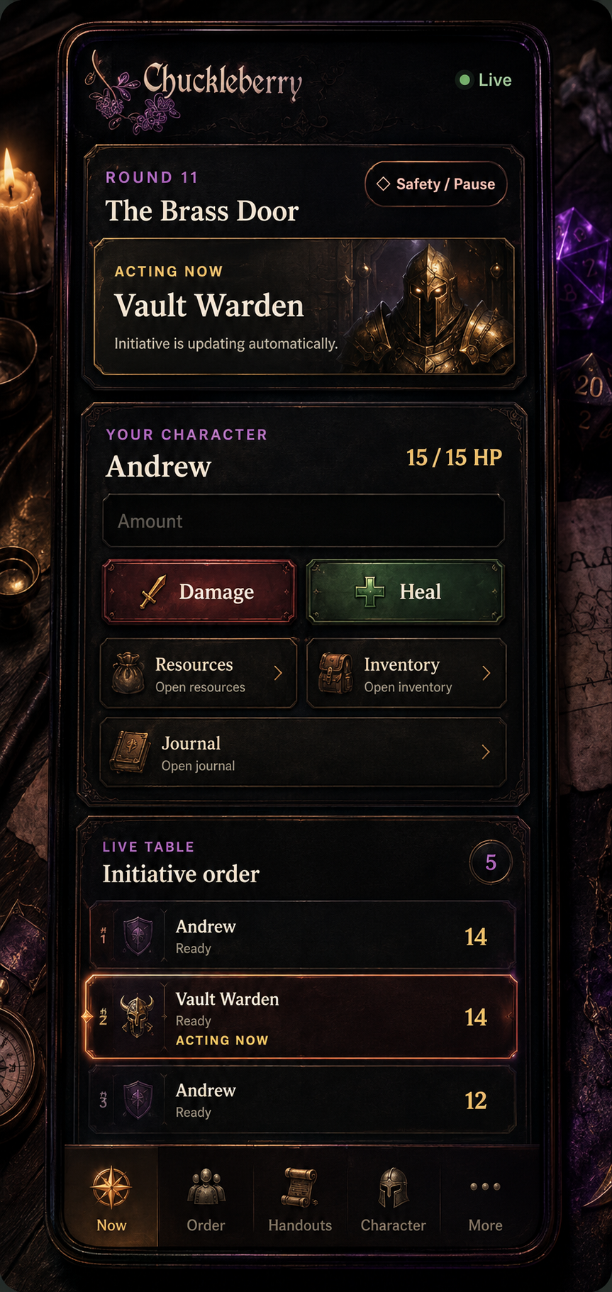 Chuckleberry Player Companion showing current turn, character health, inventory, resources, journal, and initiative