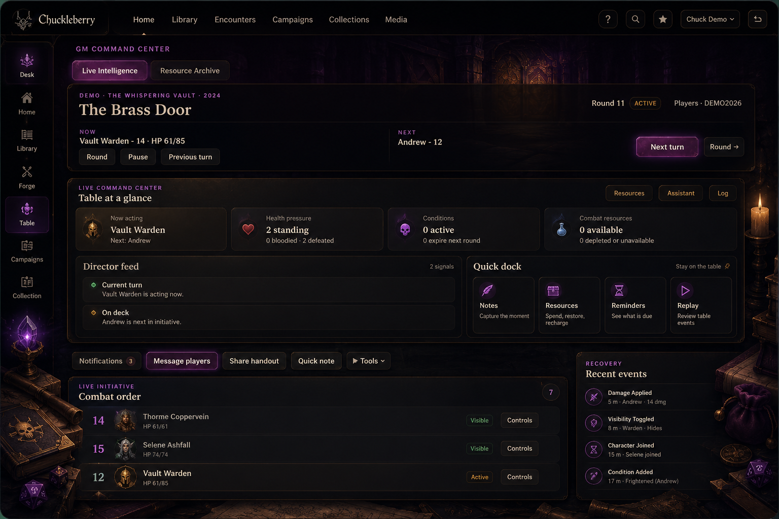Chuckleberry Table Mode showing a live session with encounter controls and recent table events